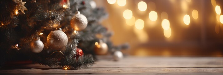 Christmas tree decorated with Golden balls toys, beautiful bokeh, copy space. banner