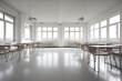 A classroom with white walls and white flooring and white flooring.