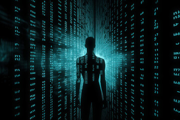 Wall Mural - A human silhouette in cyberspace filled with holographic digital data