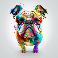 Wall Mural - cartoon colorful dog with sunglasses on white background. created with generative ai