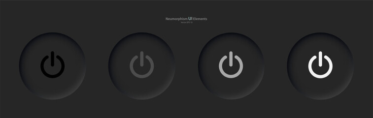 Poster - User interface elements for mobile devices in the style of neumorphism, UI, UX. A set of four depressed black round buttons with power symbols. Vector illustration.