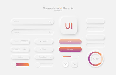 Fototapete - A collection of user interface elements for a mobile application in white and orange-purple. Buttons for mobile devices in the style of neumorphism, UI, UX. Vector EPS 10.