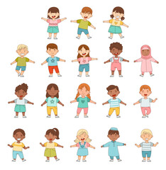 Wall Mural - Happy Little Girl and Boy Standing with Open Arms for Hug Big Vector Set