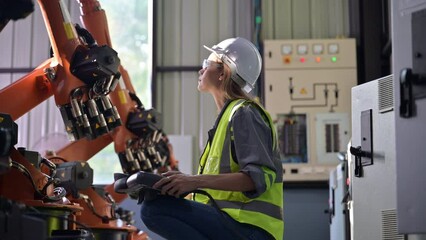 Wall Mural - Maintenance engineer worker working with robotic machine at factory