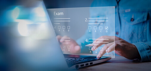 Poster - online exam, choose correct answer in test. adult student do test examination with multiple choice. Answer the test questions. E learning technology concept. Online education,