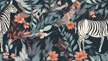 Abstract Floral Pattern With Zebras. Trendy Collage Contemporary Seamless Pattern. Natural Colors. Fashionable Template For Design