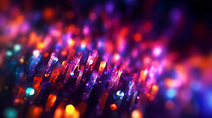 Wall Mural - An abstract colourful neon bokeh lights background with light glints. A.I. generated.
