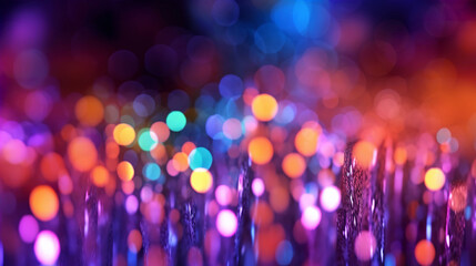Wall Mural - An abstract colourful neon bokeh lights background with light glints. A.I. generated.