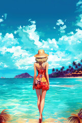 Wall Mural - Illustration of a woman in red dress looking at a beautiful tropical beach. Generative AI