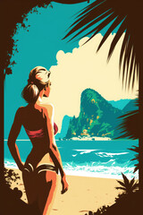 Sticker - Vintage illustration of a woman in a bikini looking at a beautiful tropical beach. Generative AI