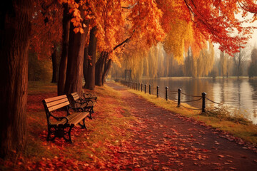 Empty bench in autumn park, fall landscape, AI Generated