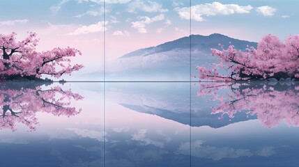 Poster -  a picture of a mountain and a lake with pink trees in the foreground and a blue sky with clouds in the background with a reflection.  generative ai