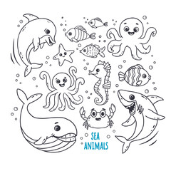 Wall Mural - set of cute sea creatures and underwater animals, doodle. Whale, octopus,crab, fish,shark, dolphin in sketch style. Outline