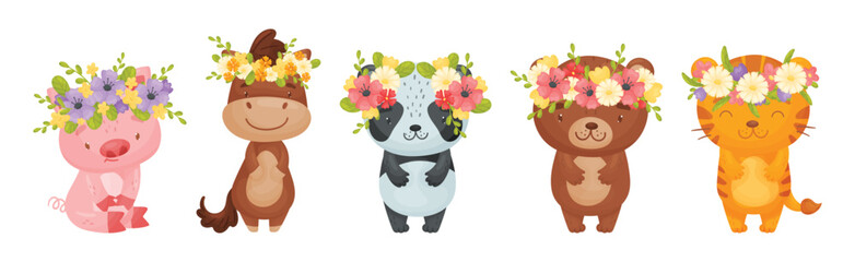 Wall Mural - Cute Animals with Flower Wreath and Adornment on Their Head Vector Set