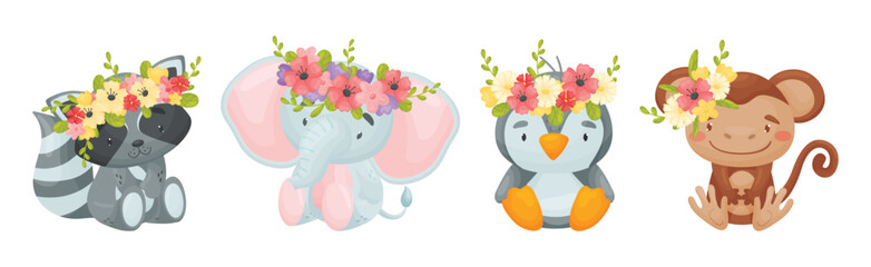 Wall Mural - Cute Animals with Flower Wreath and Adornment on Their Head Vector Set