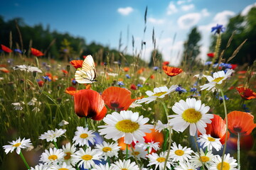 Wall Mural -  wild flower blooming field of cornflowers and daisies flowers ,poppy flowers, blue sunny sky ,butterfly and bee on flowers summer landscap,generated ai