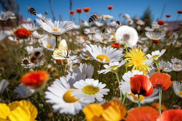 Wall Mural -  wild flower blooming field of cornflowers and daisies flowers ,poppy flowers, blue sunny sky ,butterfly and bee on flowers summer landscap,generated ai