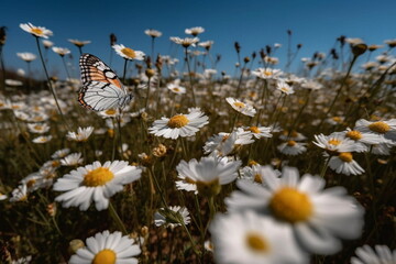 Wall Mural -  wild flower blooming field of cornflowers and daisies flowers ,poppy flowers, blue sunny sky ,butterfly and bee on flowers summer landscap,generated ai