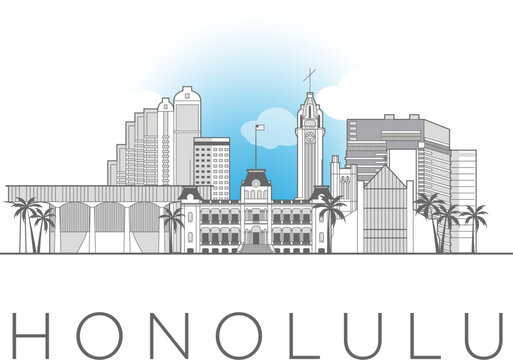 Honolulu Hawaii cityscape line art style vector illustration