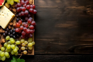 Set of hard cheese pieces on board with hard cheese, grapes and figs on rustic wooden background. Top view. Free space for text. Banner. Generative AI