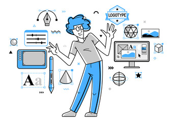 Fototapete - Graphic designer doing some creative job using computer software, digital visual artist working on a project vector outline illustration, composing and editing.