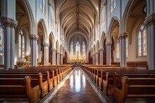  A Church With Pews And Stained Glass Windows On Both Sides Of The Pews Is Shown From The Front Of The Room, And The Back Of The Pews Are Empty.  Generative Ai
