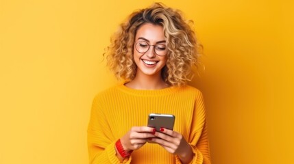 Beautifuln woman looking at the phone, happy smile, color background. Business photo or background. Generative AI