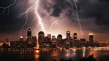  A Dramatic Shot Of Lightning Striking A City Skyline, Created With Generative AI Technology
