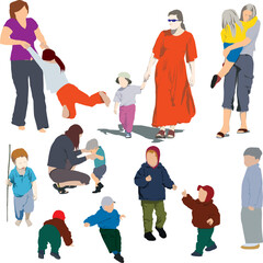 Poster - Colour vector silhouettes of mother and child (boys and girls)