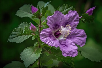 Canvas Print - vibrant purple flower with lush green leaves in the background. Generative AI