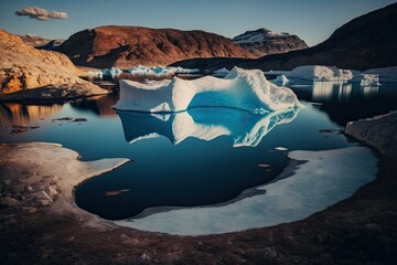Wall Mural - massive iceberg floating in the center of a serene lake. generative ai