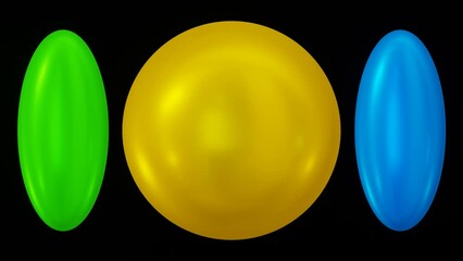 Poster - Seamless animation of three colorful round geometric shapes isolated on black background.
