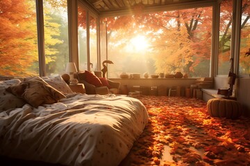 interior of a cozy sunny orange room with a bed and autumn leaves, a large window, fairytale home decor, ai generated