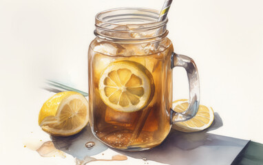 Wall Mural - watercolor of lemon iced tea created with Generative AI technology