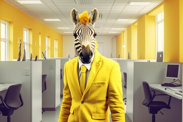 Portrait of zebra wearing yellow business suit, Businessman in the office, Generative AI 