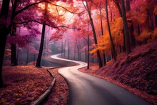 Beautiful Landscape Of A Winding Road In A Fairy Pink Forest. Generative AI