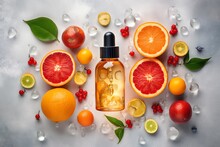 Natural Vitamin C Serum, Skincare, Essential Oil Products. Bottle Of Vitamin C Serum With Fresh Juicy Orange Fruit. Beauty Product Branding Mock-up. Ai Generated