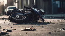 Fragments Of A Broken Motorcycle On The Pavement. Generative AI