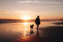 A Person Walking A Dog On A Beach At Sunset. Generative AI Image.