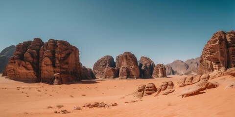 Wall Mural - A desert scene with rocks and sand in the foreground. Generative AI image.