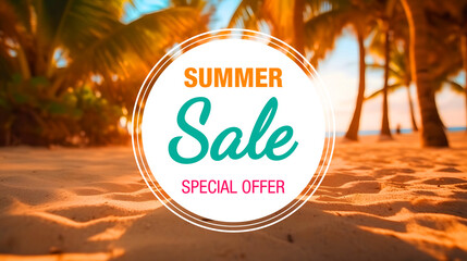 Summer sale banner design template with palms and tropical beach