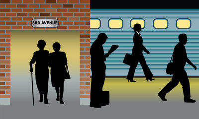 Poster - silhouettes of people standing, walking in metro station