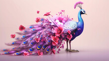 A Stunning Rendition Of Purple, White And Pink Peacock Made Of Intricate Details, Hyperrealistic, Whimsical, Octane Render. Generative AI