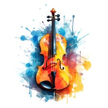 Abstract Musical Design With Violin And Colorful Splashes, Notes And Waves On A White Background. Colorful Violin. Watercolor Style.Generative AI