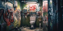 A Bathroom With Graffiti On The Walls And A Toilet. Generative AI Image.