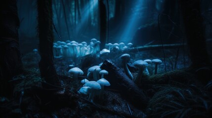 Wall Mural - A group of mushrooms in a forest at night. Generative AI image.
