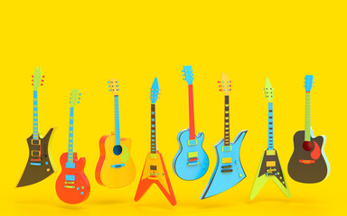 Poster - Set of electric acoustic guitars isolated on multicolor background.