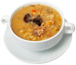 Pearl barley soup with pork and mushrooms served in a plate. Isolated over white background