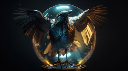 Wall Mural - A bird sitting inside of a glass ball. Generative AI image.