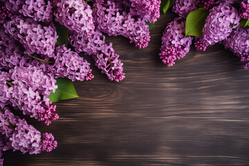 Wall Mural - Lilac flowers on wooden background, spring flat lay composition. Valentine's, womens, mothers day, birthday or wedding concept. Top view. Copy space. Generated AI.